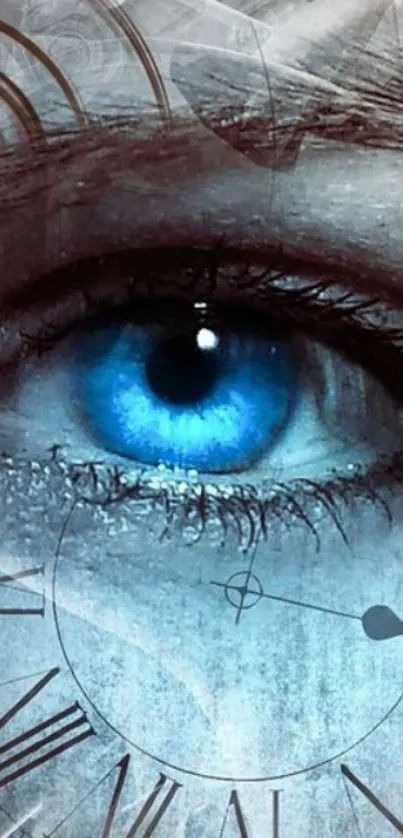 Surreal blue eye art with clock overlay on mobile wallpaper.