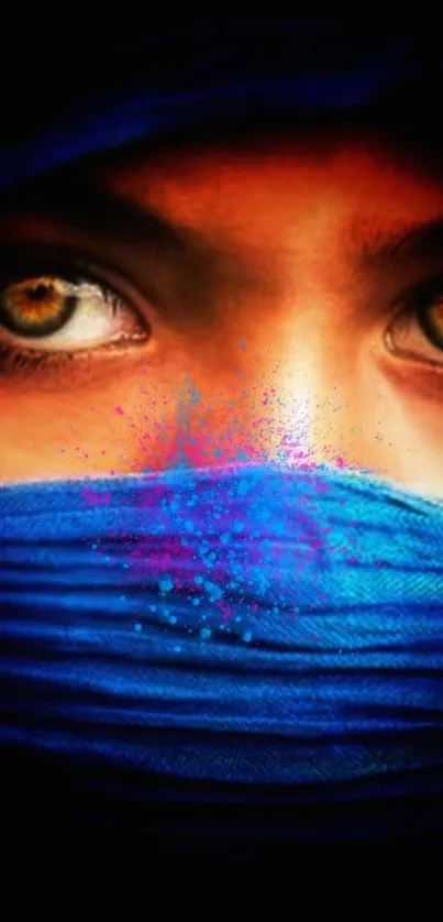 Mystical eyes behind a vibrant blue veil with color splash effect.