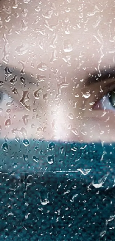 Enigmatic eyes peering through raindrop-covered glass on mobile wallpaper.