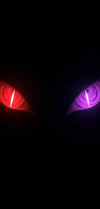 Dark background with glowing red and purple mystical eyes.