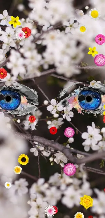 Blue eyes peer through white blossoms in this artistic wallpaper.