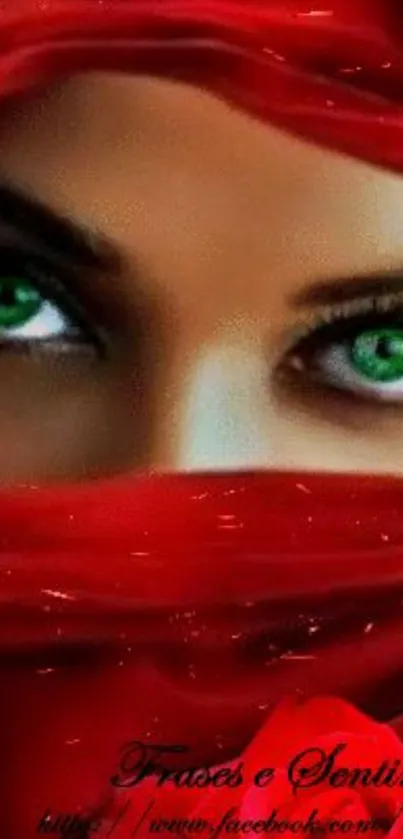 Captivating eyes behind a red veil, mysterious aesthetic.