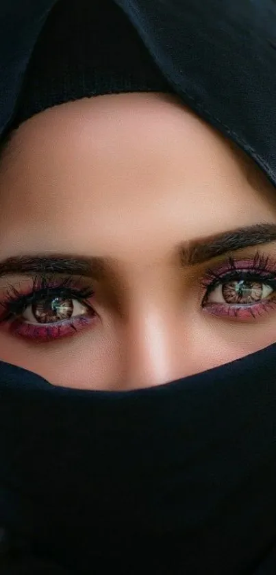 Close-up portrait of mystical eyes, dark blue veil, vivid and intricate design.