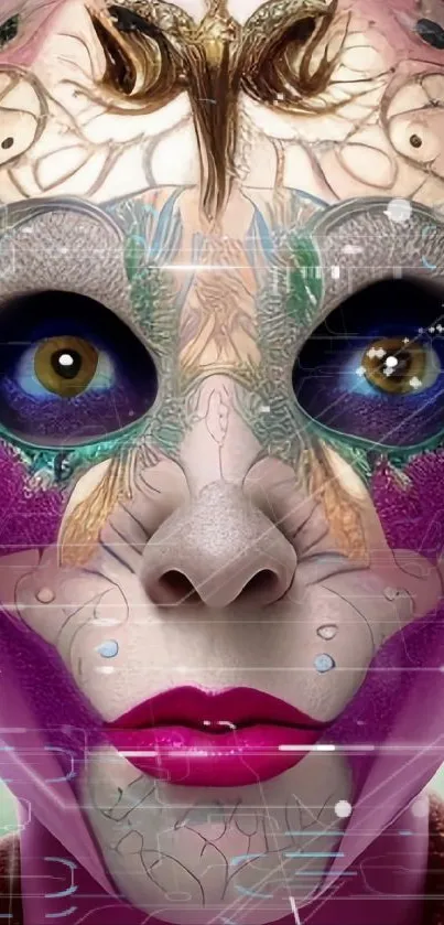 Mystical face art with vibrant colors and surreal design in a mobile wallpaper.