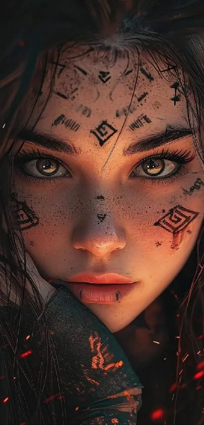 Woman with mystical face art in vibrant, detailed wallpaper.