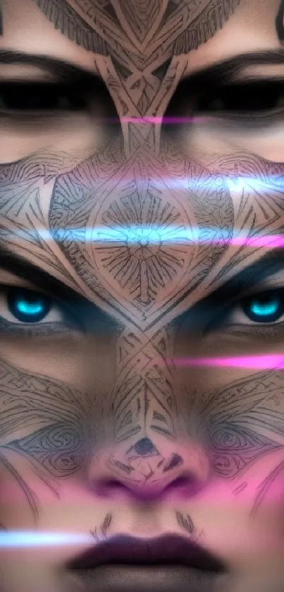 Intricate face tattoo with blue eyes in dark brown tones.