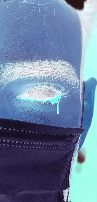 Inverted mystical face masked wallpaper with aqua tones.