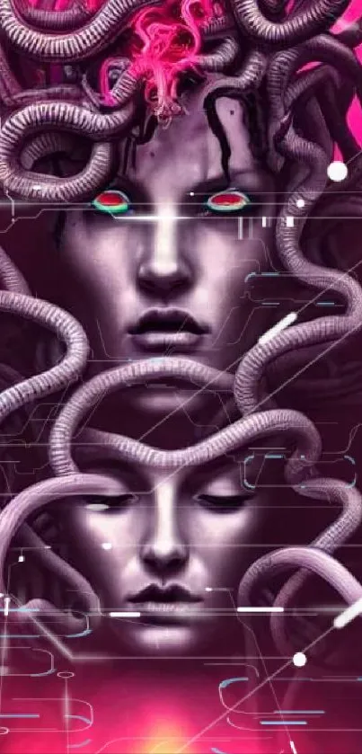 Mystical faces entwined with serpents in purple tones.