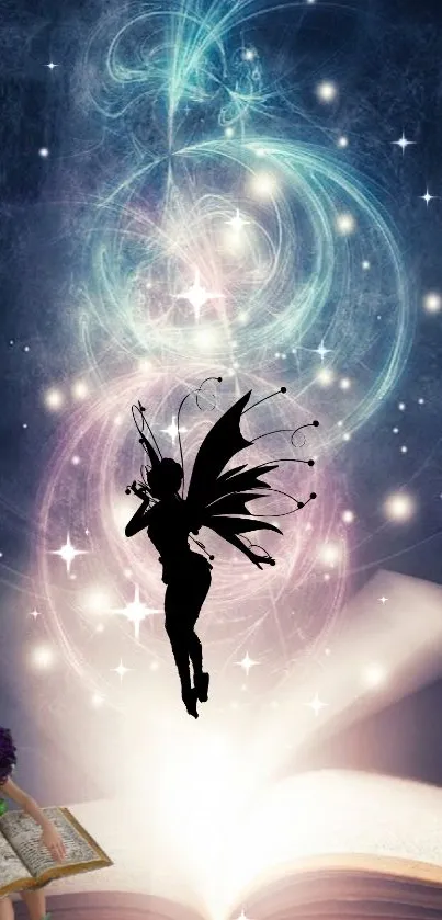 Silhouette of a fairy with magical swirls above an open book.