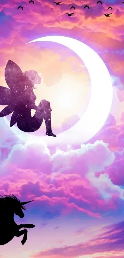 A fairy sitting on a moon with unicorn below, set against pink and purple clouds.