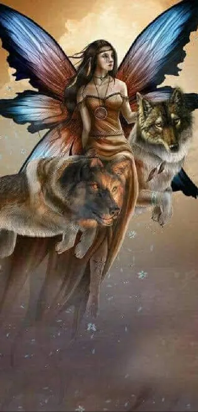 Fairy with wings and wolves in a mystical art wallpaper.