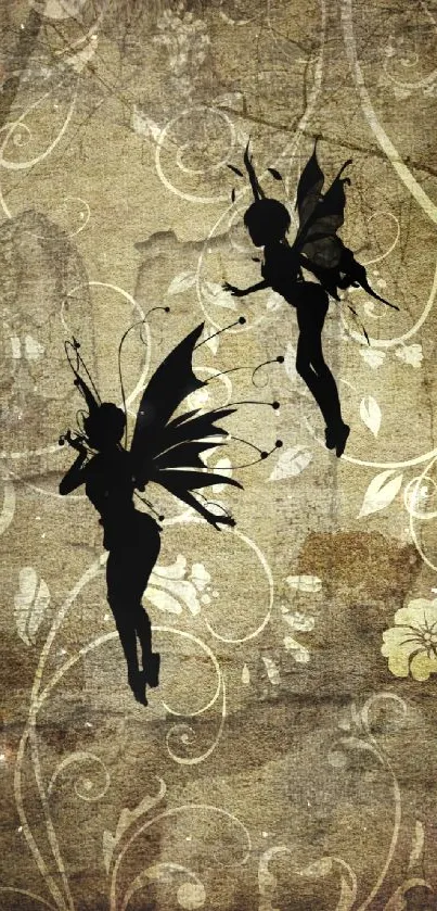 Mystical fairy silhouettes on vintage floral art wallpaper.