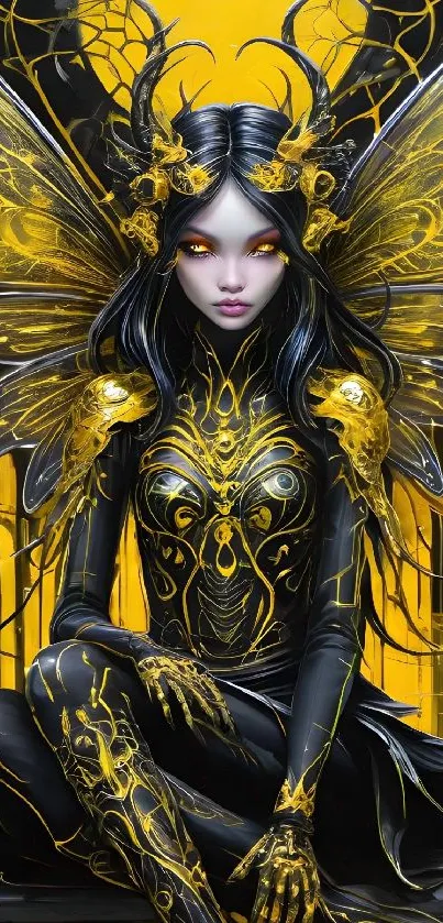 Mystical fairy with wings in an artful black and gold design.