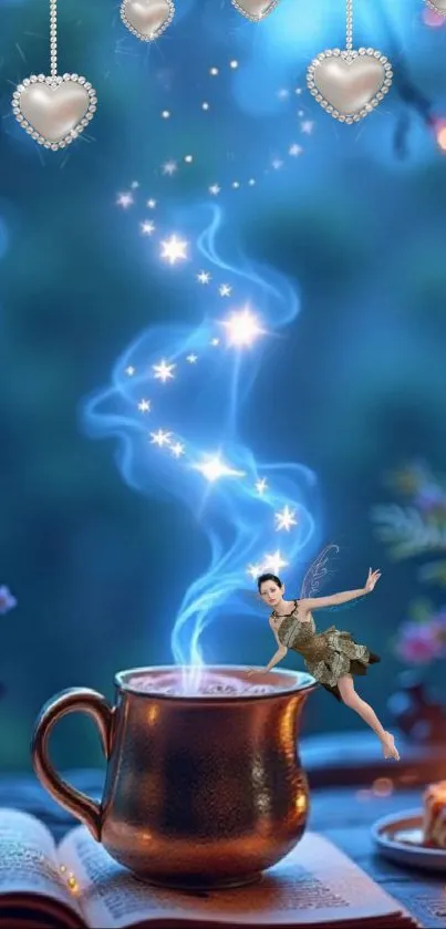 Fairy with sparkles over coffee cup in a cozy setting.