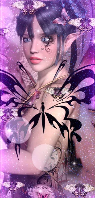 Fantasy fairy with butterflies in a purple dreamscape mobile wallpaper.