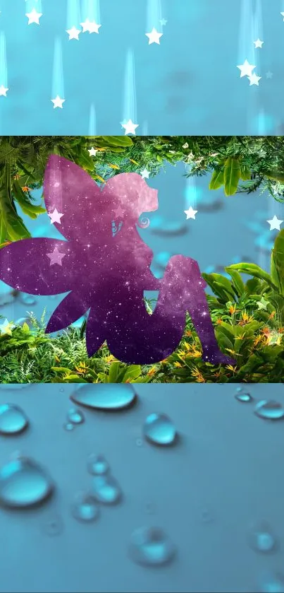 Mystical fairy silhouette on nature background with droplets and stars.