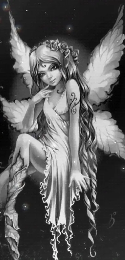 Grayscale mystical fairy digital art wallpaper.