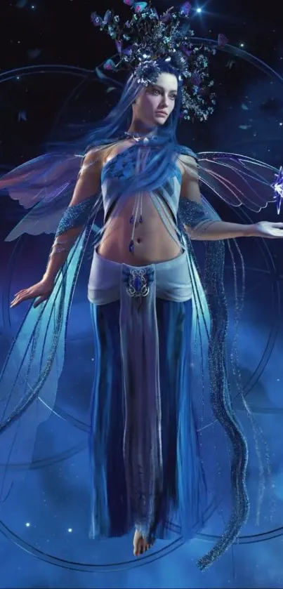 Fantasy fairy with mystical blue wings and ethereal aura.