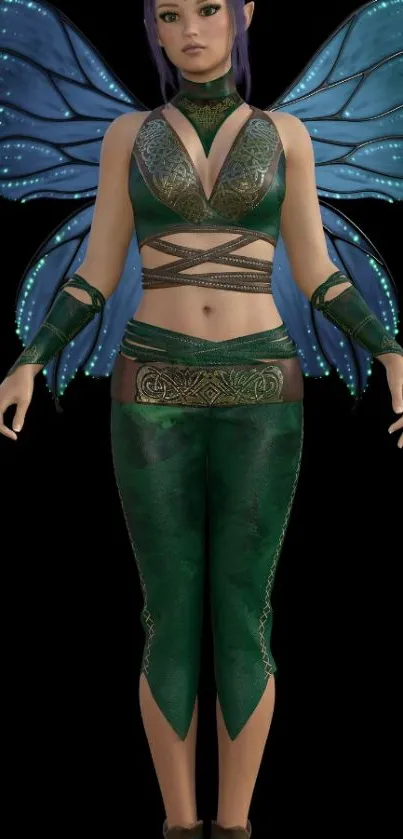 Mystical fairy with green outfit and blue wings on black background.