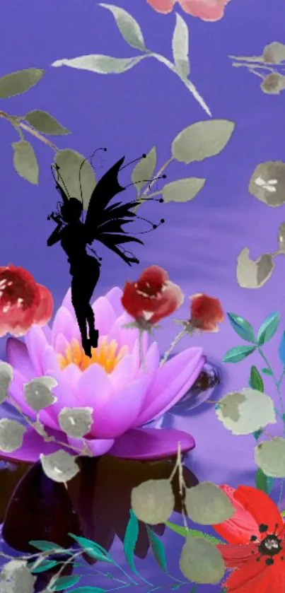 Fairy silhouette over purple water lily with florals.