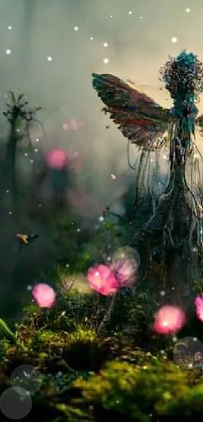 Ethereal fairy in a misty forest with glowing flowers.