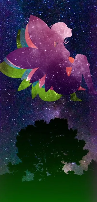 Fairy silhouette against a starry galaxy sky with vibrant colors and a dark tree.