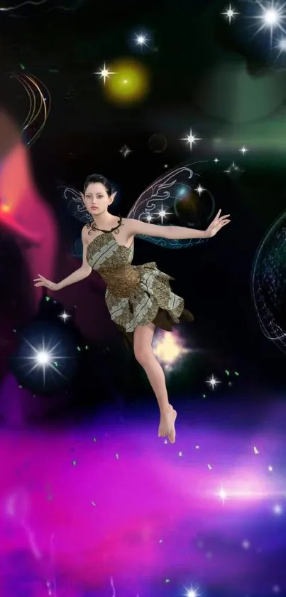 Mystical fairy floating in a vibrant galaxy.