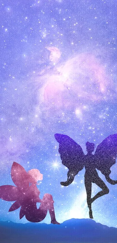 Mobile wallpaper with fairies in a starry violet galaxy sky.