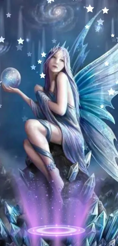 Mystical fairy amidst magical crystals and stars.