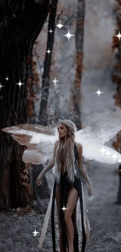 Fairy with white wings in an enchanted forest.