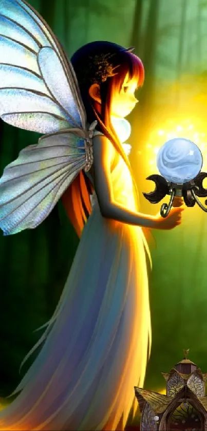 Enchanted fairy holds glowing orb in a mystical forest.