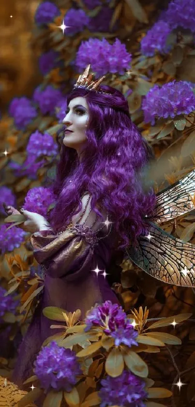 Mystical fairy with wings in a purple floral setting.