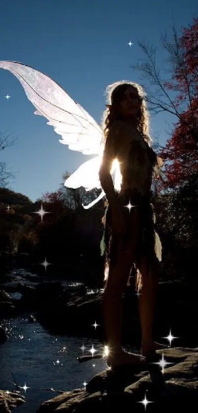 A fairy with glowing wings by a twilight forest stream.