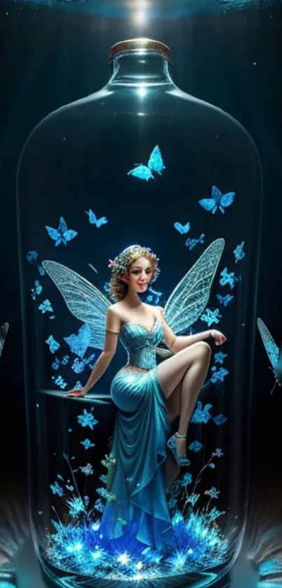 Fantasy fairy in a glass bottle with blue butterflies.