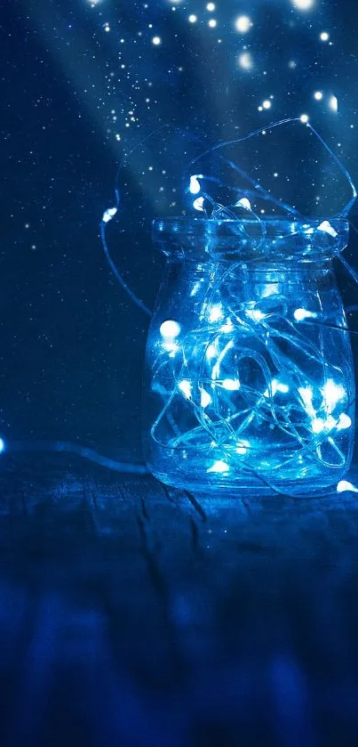 Mystical blue fairy light jar glowing in the dark.