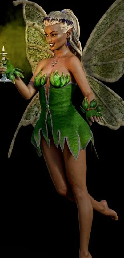 Enchanting fairy with wings holds a glowing goblet on dark background.