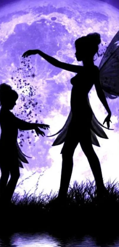 Silhouette of fairies against a purple moonlit night.