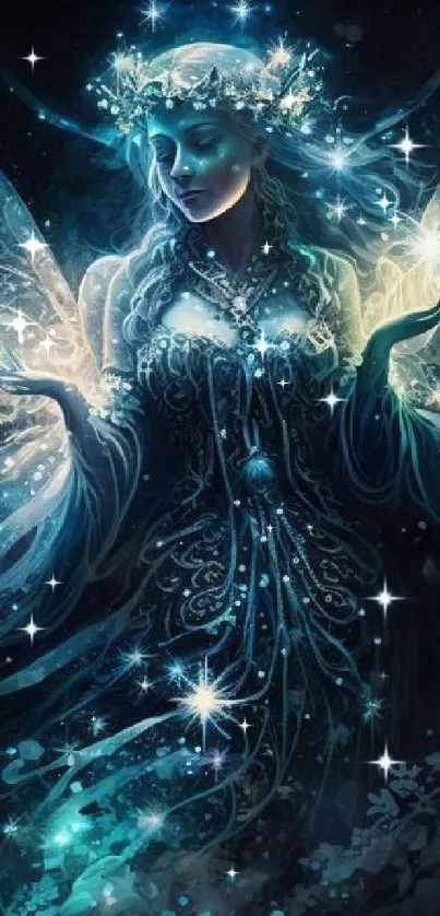 Mystical fairy with glowing wings and stars in deep blue hues.