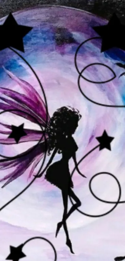 Silhouette of a fairy against a starry, purple-hued mystical background.