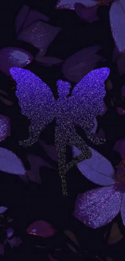 Purple fairy silhouette on floral background.