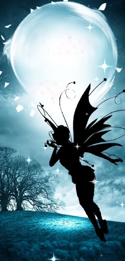 Mystical fairy flying in moonlit night.