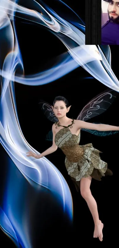 Mystical fairy with wings on abstract dark background.