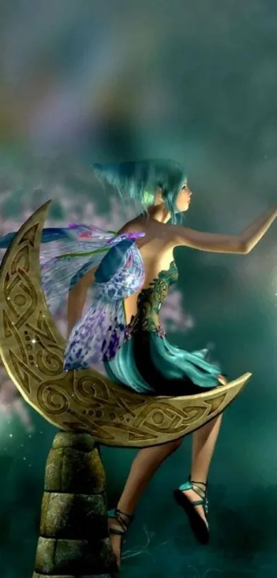 Fairy sitting on a crescent moon holding a lantern.