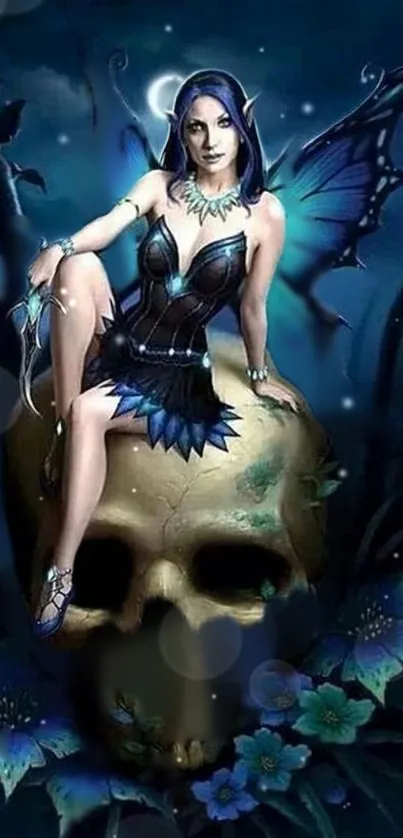 Enigmatic fairy with wings sits on a skull, surrounded by dark blue hues.