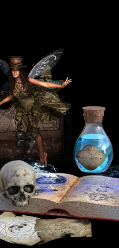 Mystical fairy with potions and spellbooks in dark fantasy wallpaper.