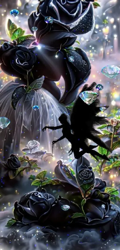 Silhouette of a fairy with black roses and a mystical background.