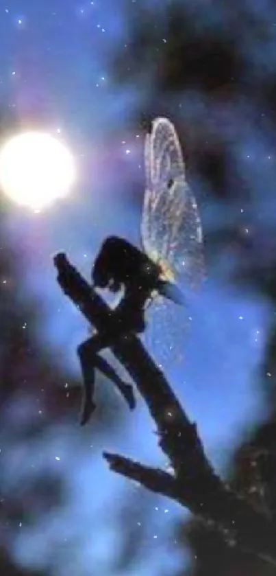 Silhouette of fairy resting on branch against a glowing moon in dark blue night sky.