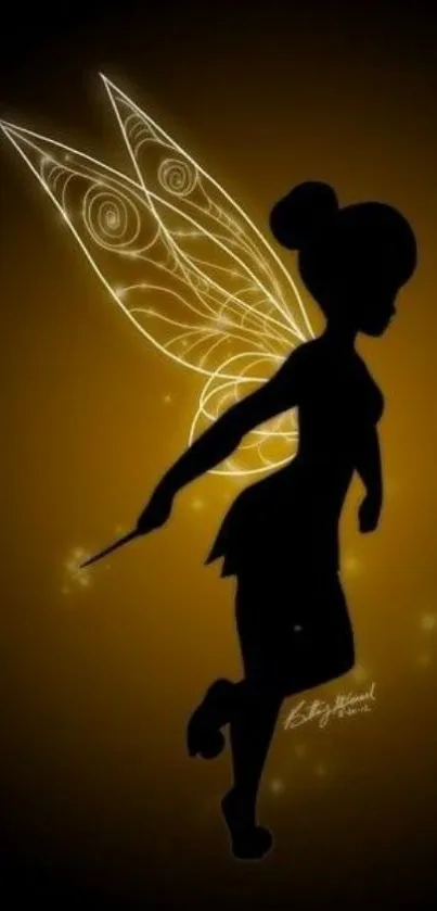 Silhouette of a fairy with glowing wings against a golden background.