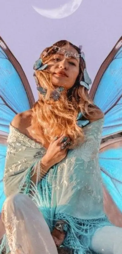 Fairy with glowing blue wings under a moonlit sky.