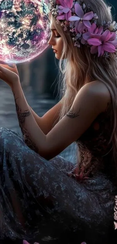 Fairy with flower crown holding a glowing orb.